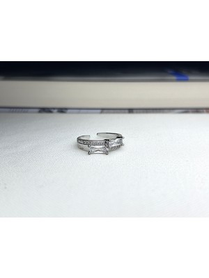 Ata Bijuteri Iki Beyaz Dikdörtgen Taşlı Yüzük Silver Design