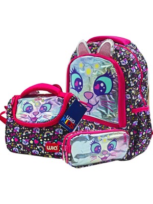 Wia 3 Bölmeli Sweet Cat Çanta Seti Siyah Okul Çantası Termoslu Beslenme Çantası Kalemlik