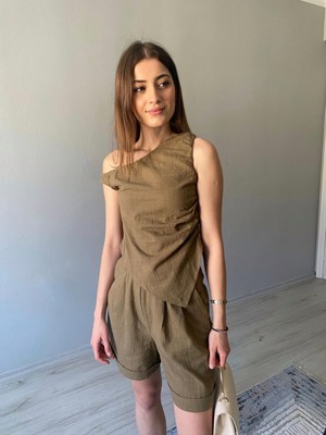 Nice Boutique Asitmetrik Bluz Şort Kadın Keten Takım