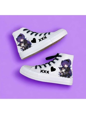 Lias Shoes Mor Anime Kız Kuromik Baskılı Beyaz Keten Çocuk Spor Ayakkabı Sneaker