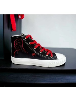Lias Shoes Kırmızı Çizgi Örümcek Baskılı Siyah Keten Çocuk Spor Ayakkabı Sneaker