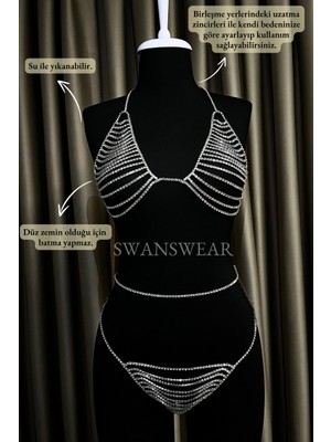 Swans Wear | Diana Set, Kadın Taşlı Sütyen ve Tanga Takım Kostüm, İç Giyim, Aksesuar, Gecelik, Gümüş renk