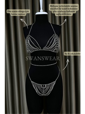 Swans Wear | Jess Set, Kadın Taşlı Sütyen ve Tanga Takım Kostüm, İç Giyim, Aksesuar, Gecelik, Gümüş renk