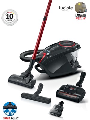 Bosch Hepa Alerjik Filtreli Güçlü Turbo Başlıklı Premium Torbasız Süpürge, 10 Yıl Motor Garantili, Luciole Lambader Hediye!
