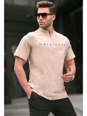 İnter Moda Club Erkek Fermuar Yaka Pamuklu T-Shirt 5858 Bej