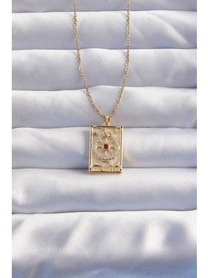 Xsay 316L Çelik Zincir Gold Renk Pembe Zirkon Taşlı Tarot Kolye