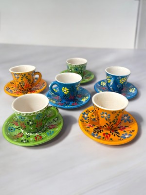 Artistic Quality Dekoratif 6 Kişilik Şık Lale Çini Tasarımlı Tamamen El Yapımı Kahve Fincan Seti