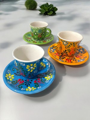 Artistic Quality Dekoratif 3 Kişilik Şık Lale Çini Tasarımlı Tamamen El Yapımı Kahve Fincan Seti