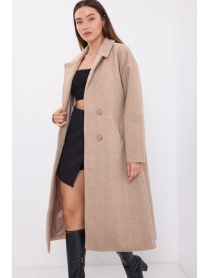 Bigdart 9113 Oversize Geniş Kesim Yünlü Uzun Kaşe Kaban - Bisküvi