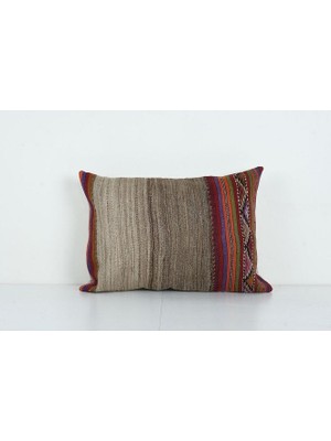 Etnik Bulvar Kahverengi Renkli Çizgili El Dokuma Kilim Kırlent Kılıf 40 x 60 cm