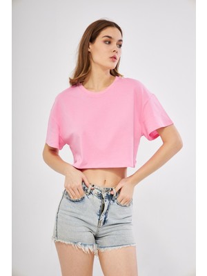 Oversize Pembe Crop T-Shirt - BGB17