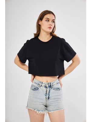 Oversize Siyah Crop T-Shirt - BGB15