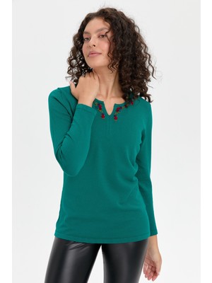 Desen Triko Kadın Yakası Renkli Çiçek Işlemeli Bluz A.ö.başı