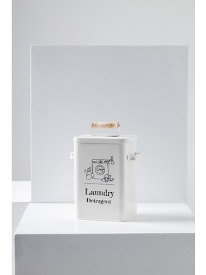 FH Fine Home FH finehome Marta Ahşap Kapaklı Büyük Deterjan Saklama Kabı Metal Malzeme ile Beyaz Renk