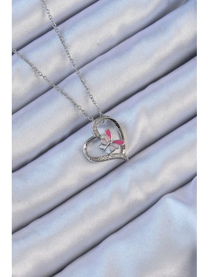 Ezo Concept 316L Çelik Zincir Gümüş Renk Mineli Kelebek Figür Zirkon Taşlı Kalp Kolye