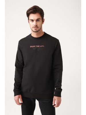 AVVA Erkek Siyah Bisiklet Yaka Pamuklu Baskılı Regular Fit Sweatshirt A31y1211