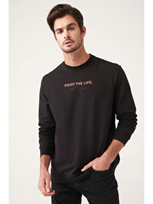 AVVA Erkek Siyah Bisiklet Yaka Pamuklu Baskılı Regular Fit Sweatshirt A31y1211