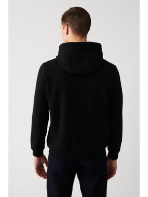 AVVA Erkek Siyah Sweatshirt Kapüşonlu Yaka 3 Iplik Şardonlu Baskılı Regular Fit A32y1295