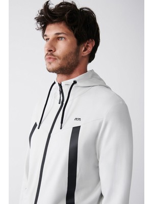 AVVA Erkek Gri Interlok Kumaş Kapüşonlu Yaka Fermuarlı Baskılı Regular Fit Sweatshirt