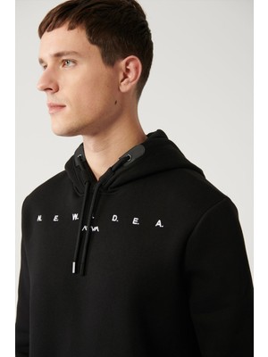 AVVA Erkek Siyah Sweatshirt Şardonlu Kumaş Kapüşonlu Yaka Nakışlı Regular Fit A32Y1393