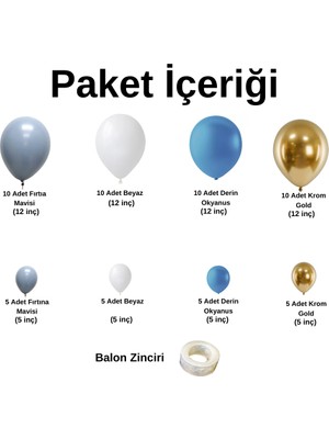 Balon Seti Beyaz-Fırtına Mavi-Krom Gold-Derin Okyanus 60 Lı Balon Zinciri Seti