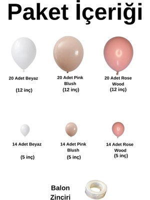 Balon Seti Beyaz-Pink Blush-Rose Wood 100 lü + Balon Zinciri Seti