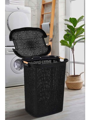 Siyah Woow Desen Ahşap Kulplu Antistatik Kirli Çamaşır Sepeti 60 Lt - Siyah 60 x 40 50-99 L Plastik