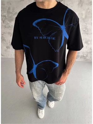 Roque  Bisiklet Yaka Baskılı Oversize T-Shirt - Siyah