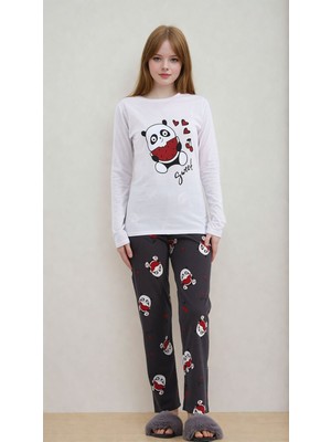 Burcumay Kadın Panda Desenli Kalpli Uzun Kollu Pijama Takımı