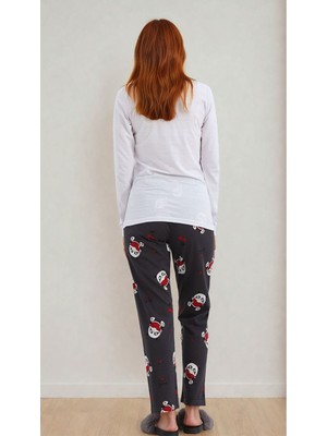 Burcumay Kadın Panda Desenli Kalpli Uzun Kollu Pijama Takımı