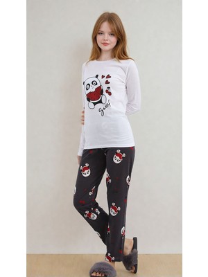 Burcumay Kadın Panda Desenli Kalpli Uzun Kollu Pijama Takımı