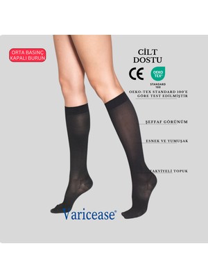Varicease 7211 Comfort Ccl-2 Orta Basınç (23-32 mmHg) Diz Altı Kapalı Burun Varis Çorabı - Siyah ve Ten -