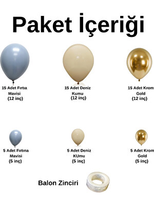 Balon Seti Fırtına Mavisi-Deniz Kumu-Krom Gold 60 Lı Balon Zinciri Seti