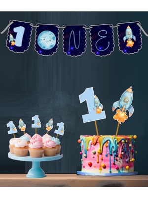 Hiras Dizayn Uzay Temalı 3 Lü Set One 1 Yaş Doğum Günü Süsü Banner + Pasta Süsü + Cupcake Kürdani