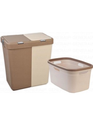Kahverengi 80 Litre Kirli Çamaşır Sepeti Çamaşır Selesi 2'li Set Kahve