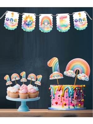 Hiras Dizayn Gökkuşağı Temalı 3 Lü Set One 1 Yaş Doğum Günü Süsü Banner + Pasta Süsü + Cupcake Kürdani