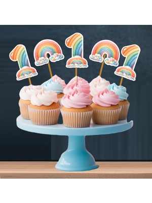 Hiras Dizayn Gökkuşağı Temalı 3 Lü Set One 1 Yaş Doğum Günü Süsü Banner + Pasta Süsü + Cupcake Kürdani