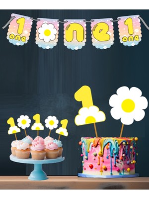 Hiras Dizayn Papatya Temalı 3 Lü Set One 1 Yaş Doğum Günü Süsü Banner + Pasta Süsü + Cupcake Kürdani