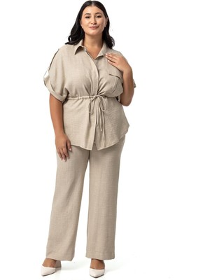 Disentis Modest Büyük Beden Yarım Kol Gömlek Pantolon Bej Rengi Ikili Takım