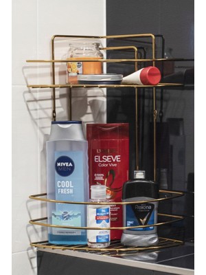 Tiesa Home Metal 2 Katlı Gold Banyo Köşeliği Şampuanlık Organizer