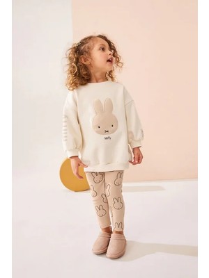 Ladin Store Yeni Sezon Kız Çocuk Miffy Detaylı Bej Pamuklu Sweatshirt ve Fitilli Taytlı Alt-Üst Ikili Takım