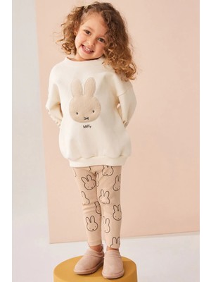 Ladin Store Yeni Sezon Kız Çocuk Miffy Detaylı Bej Pamuklu Sweatshirt ve Fitilli Taytlı Alt-Üst Ikili Takım