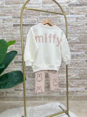 Ladin Store Yeni Sezon Kız Çocuk Miffy Detaylı Bej Pamuklu Sweatshirt ve Fitilli Taytlı Alt-Üst Ikili Takım