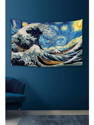 Mediterian Lacivert Dalga ve Yıldızlı Gece Desenli Büyük Duvar Halısı 70x140 cm