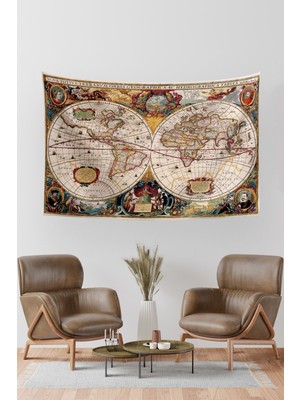 Mediterian Yeşil Dünya Haritası Duvar Halısı 140x100 cm, Dikdörtgen, Antik Dünya Teması