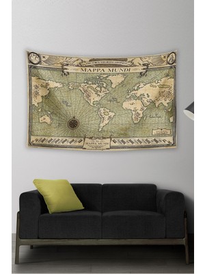 Mediterian Fantastik Canavarlar Mappa Mundi Duvar Halısı, Bej, Dikdörtgen, 70x100cm, 140x100cm