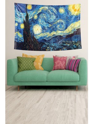 Mediterian Kadife Duvar Örtüsü Yıldızlı Geceler Van Gogh Desenli 140x230 Mavi-Sarı
