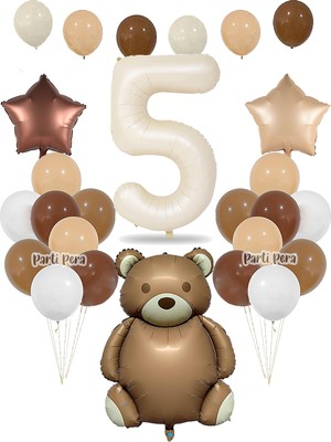 Parti Pera Retro Ayı Folyo Balon Krem Rakam Folyo Balon Retro Yıldız Folyo Doğum Günü Balon Seti