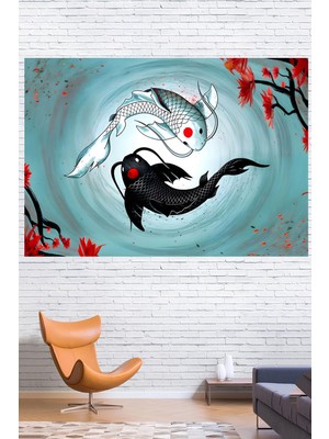 Mediterian Mavi Ying Yang Koi Balıkları Duvar Örtüsü, Ranforce materyal, şık ve dekoratif tasarım