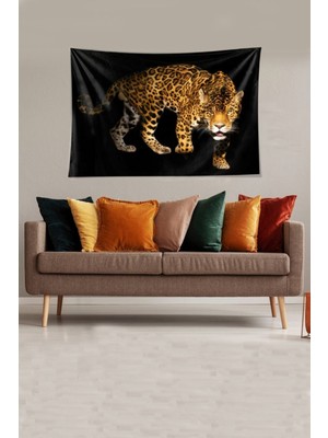 Mediterian Leopar Desenli Kadife Dokulu Duvar Örtüsü, Siyah-Kahverengi, 100x140 cm